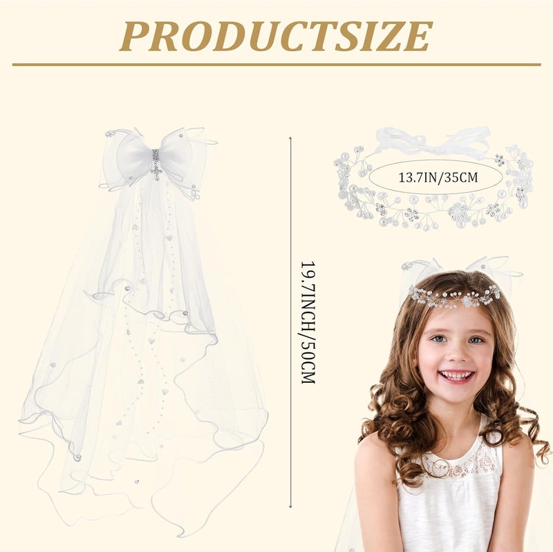 VULETO First Communion Veil Gifts for Girls Catholic White Bow Veil and Headpiece Accessories Set 1st Communion Easter Dress - Image 3